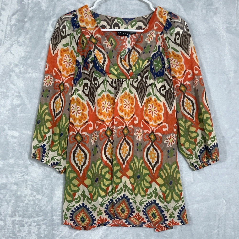 Tribal Womens 6 Chiffon‎ Sheer 3/4 Sleeve Top Tunic Aztec Coastal Floral